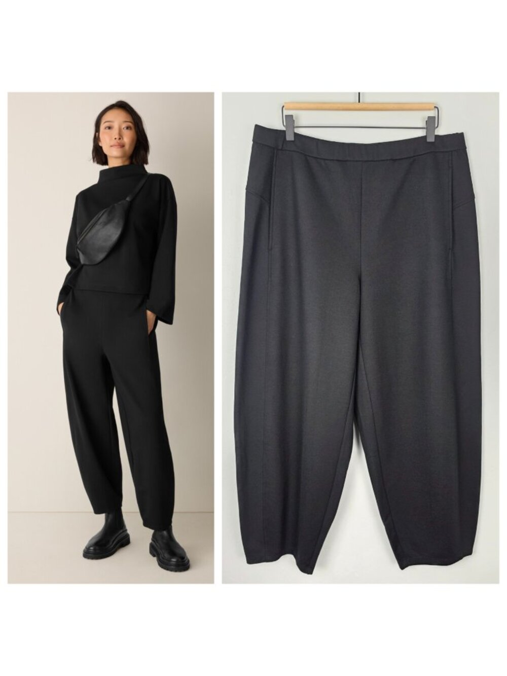 Eileen Fisher Washable Flex Ponte Lantern Pant Barrel Ankle Pull On Black Size L